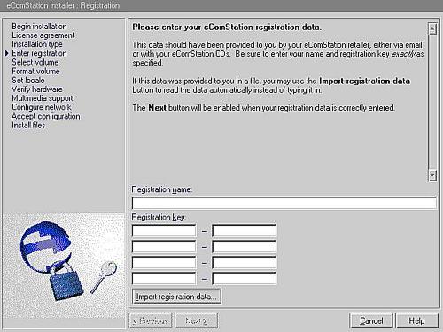 eComStation installer registration screen