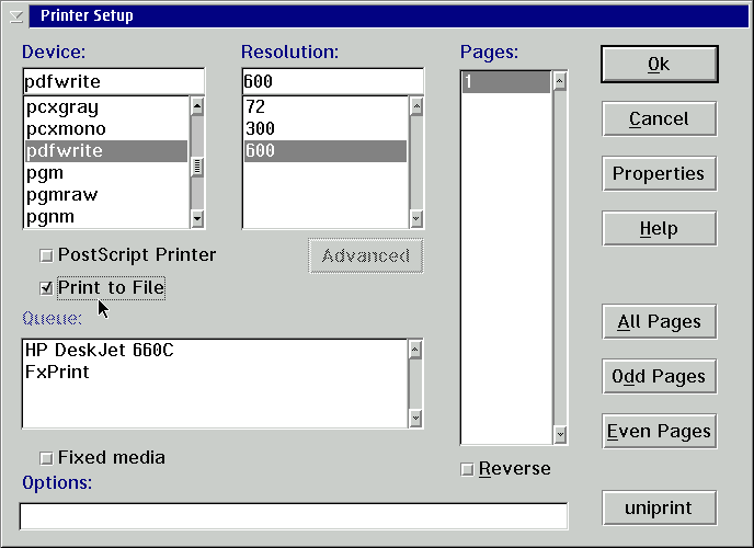 GSView Print dialog to write a PDF file