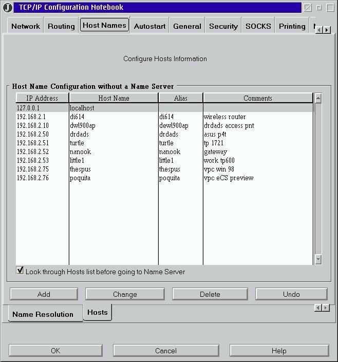 Figure 10. Hosts page in the TCP/IP Configuration notebook.