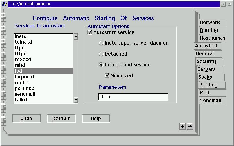 Figure 9. Autostart page in the TCP/IP Configuration notebook showing the lpd server settings.