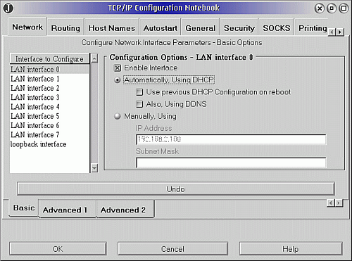 Setting up the interface to use DHCP in the TCP/IP notebook