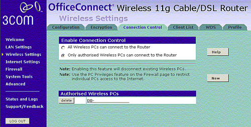 WLAN access control by MAC address, 3COM router