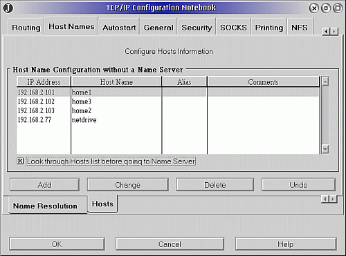 Host name resolution setup via the TCP/IP configuration notebook