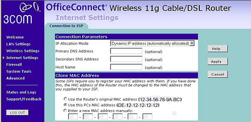 MAC address cloning setup in 3COM router