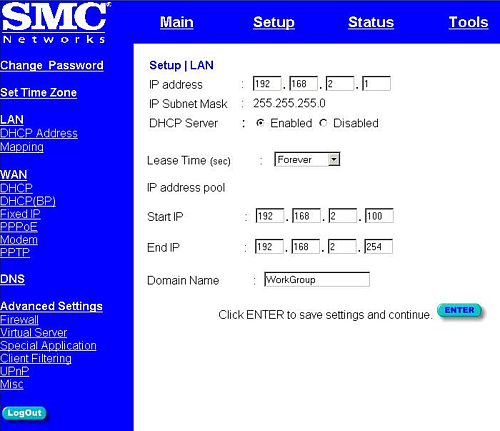 DHCP server setup, SMC router