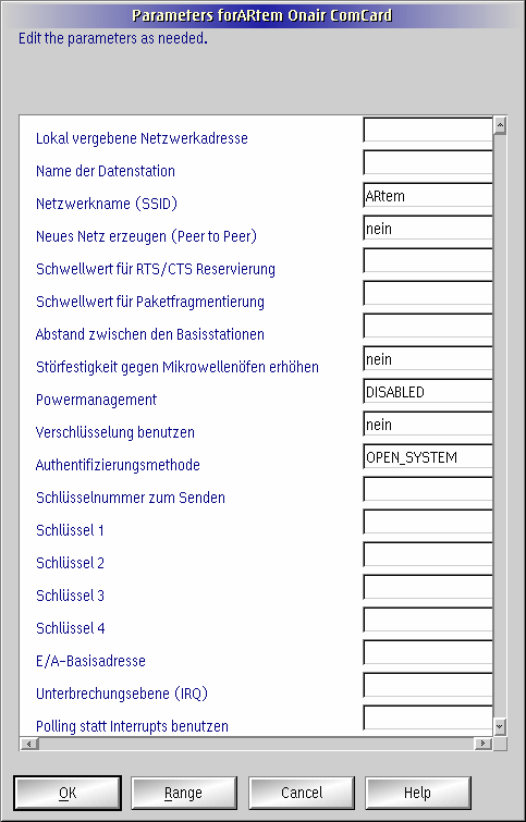 Parameters for ARtem Onair/ComCard