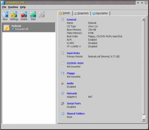 Parameters of my fedora8 virtual machine