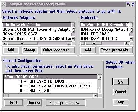 Adapters and Protocol Configuration window.