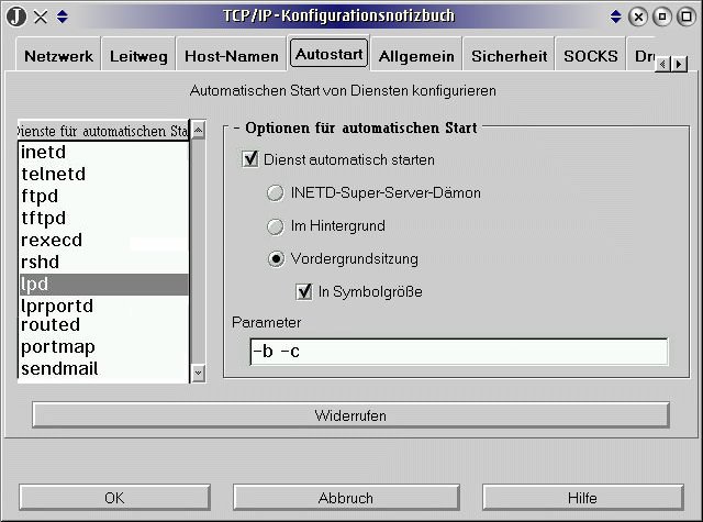 Abb. 9: Seite Autostart im TCP/IP-Konfigurationsnotizbuch, LPD-Server-Einstellungen