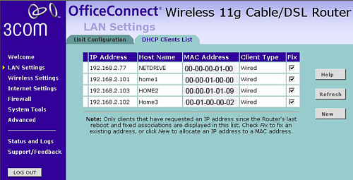 Liste der DHCP-Clients und Hostnamen im 3COM-Router