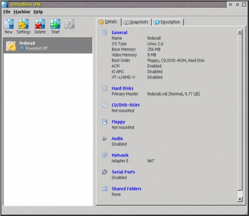 Parameter meiner Fedora 8 virtuellen Maschine