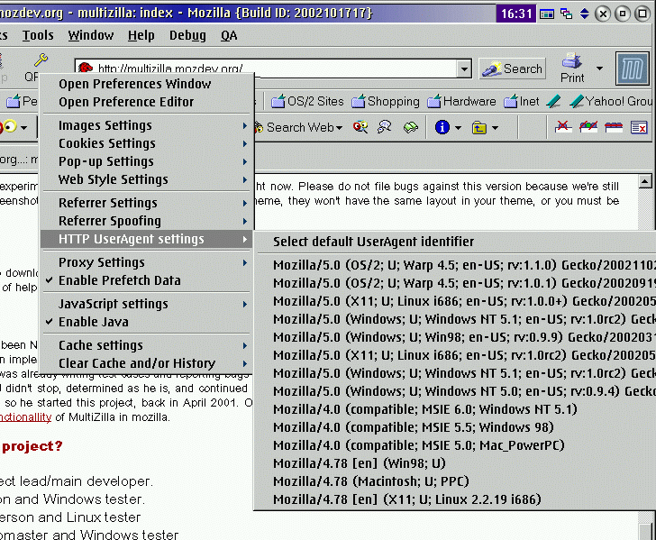 Multizilla Quick Preferences - HTTP UserAgent settings