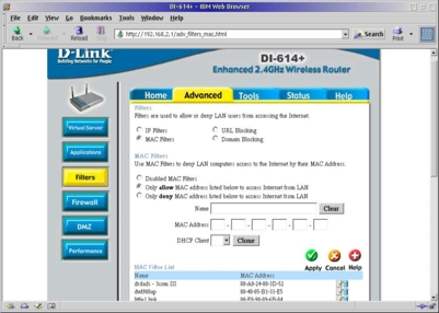 Figure 16. The D-Link 614+ router MAC address filter page.